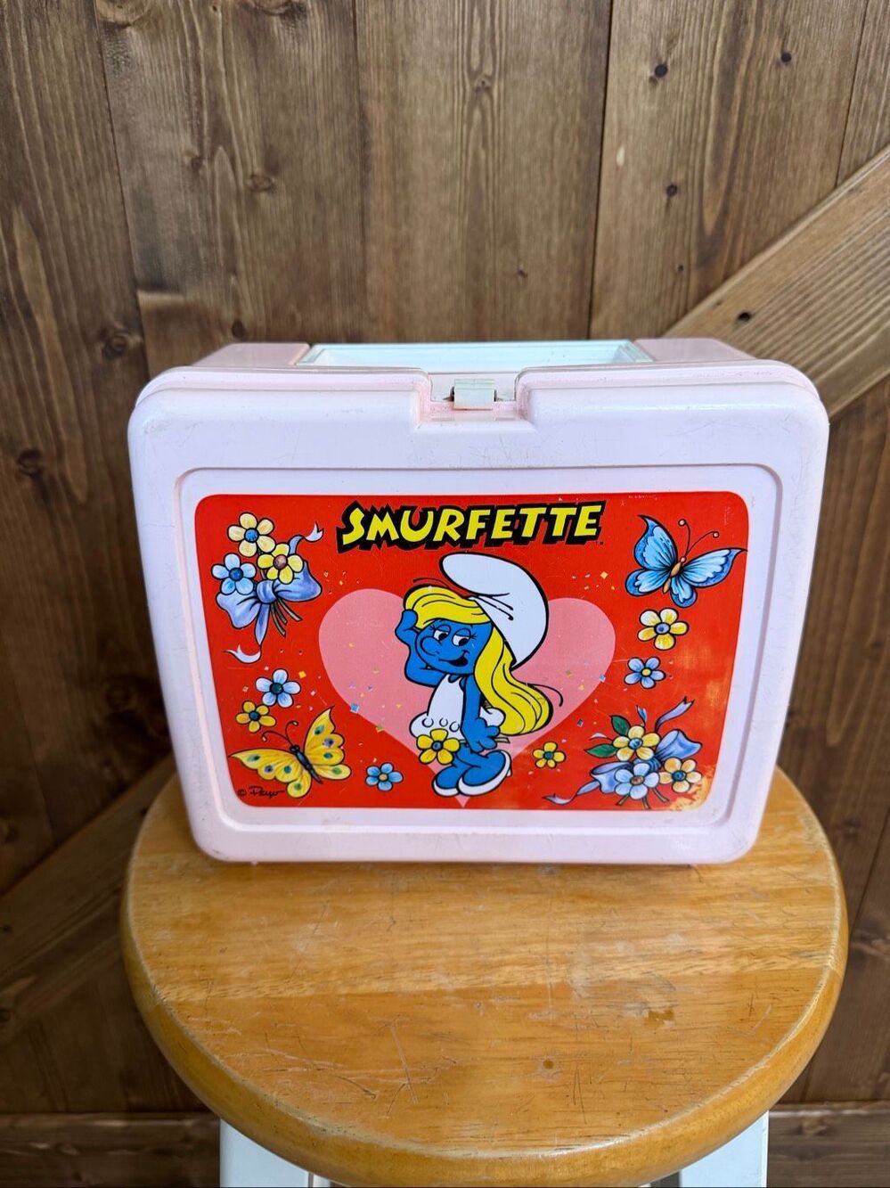Vintage Thermos Smurfette Pink Plastic Lunch Box Carrying Case Peyo Smurfs (9122
